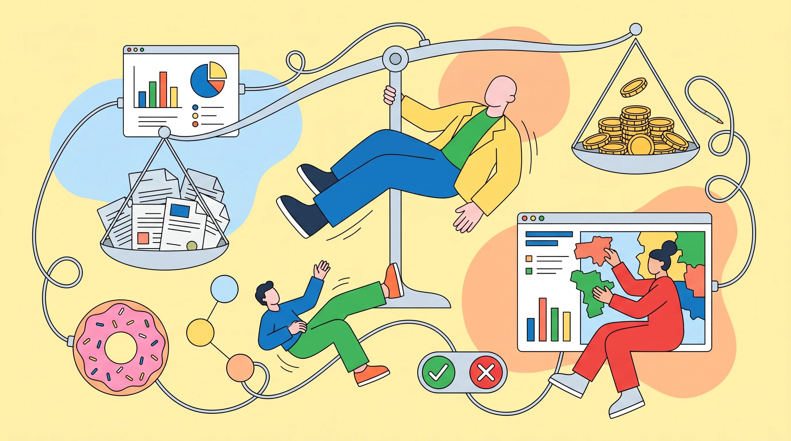 Flat illustration of blank-faced figures around a tilted scale weighing legal documents against coins, beside a browser window splitting a map into regions.