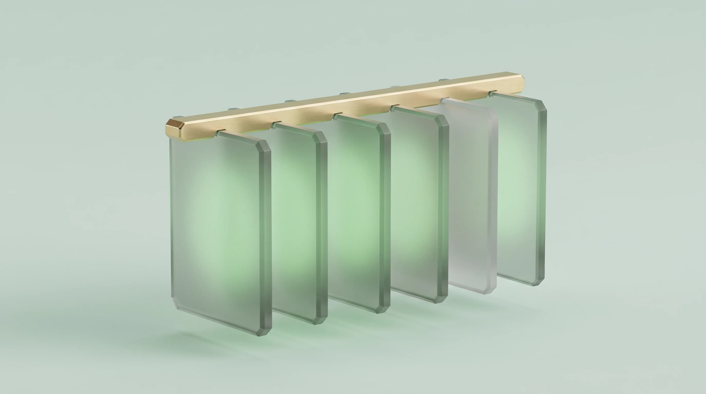 A row of six frosted glass pick cards standing on edge, five glowing sage green and one dimmed, with a slim gold measuring bar running level across their tops