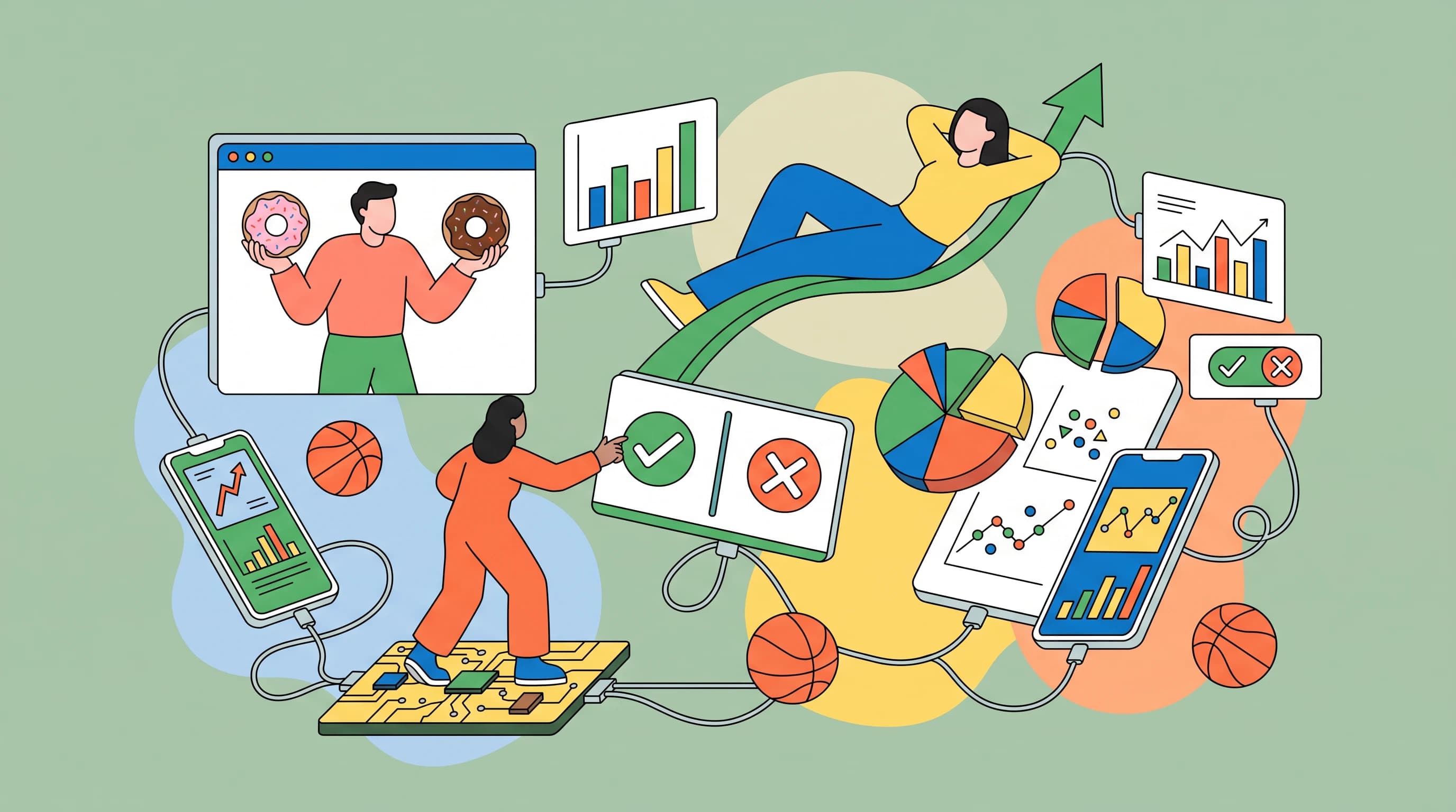 One figure reclines along a soaring green line-ribbon arcing upward at the sculpture's core, a second sits inside an open browser window comparing two facing donut halves, a third perches on a floating circuit-board platform reaching into a balanced plus-minus panel; tilted phones, bursting pie slices, a checkmark-cross toggle and drifting basketballs thread together by looping wires over soft negative-space blobs.