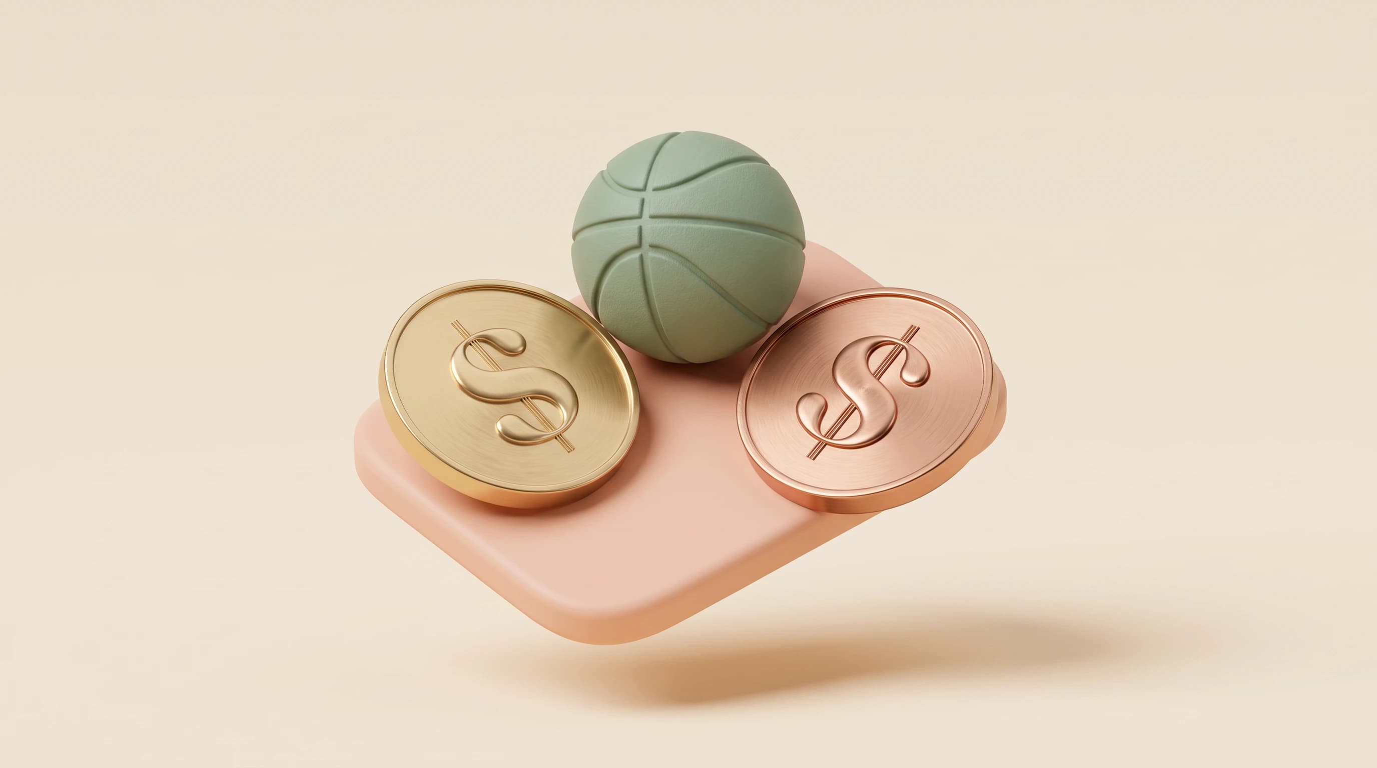A rounded exchange contract card with two mirrored coins resting on opposite corners, a small basketball nested behind them, arranged in a balanced triangular cluster.