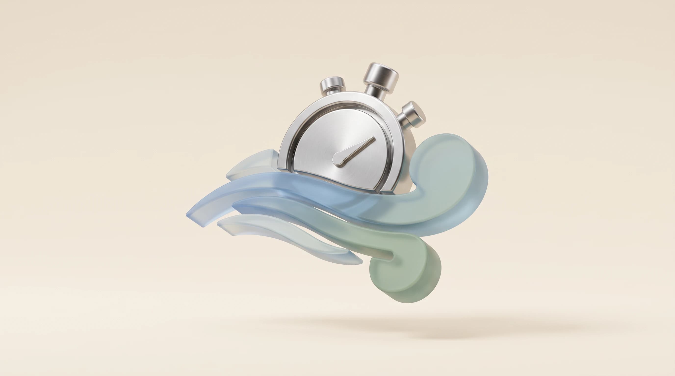 A sleek silver stopwatch carried on a stream of wind