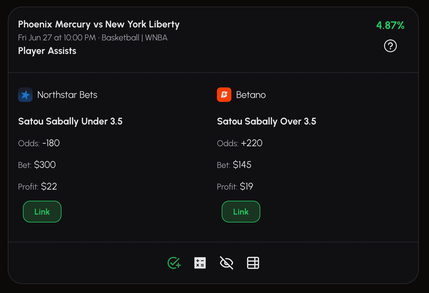 A real arbitrage opportunity between Northstar Bets and Betano for a WNBA game.