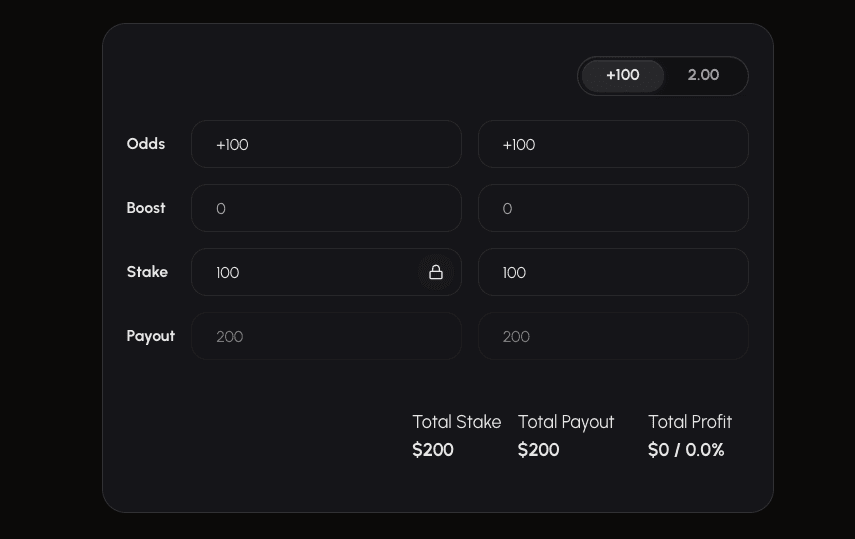 The SmartStake arbitrage calculator with two prices entered and both stakes sized