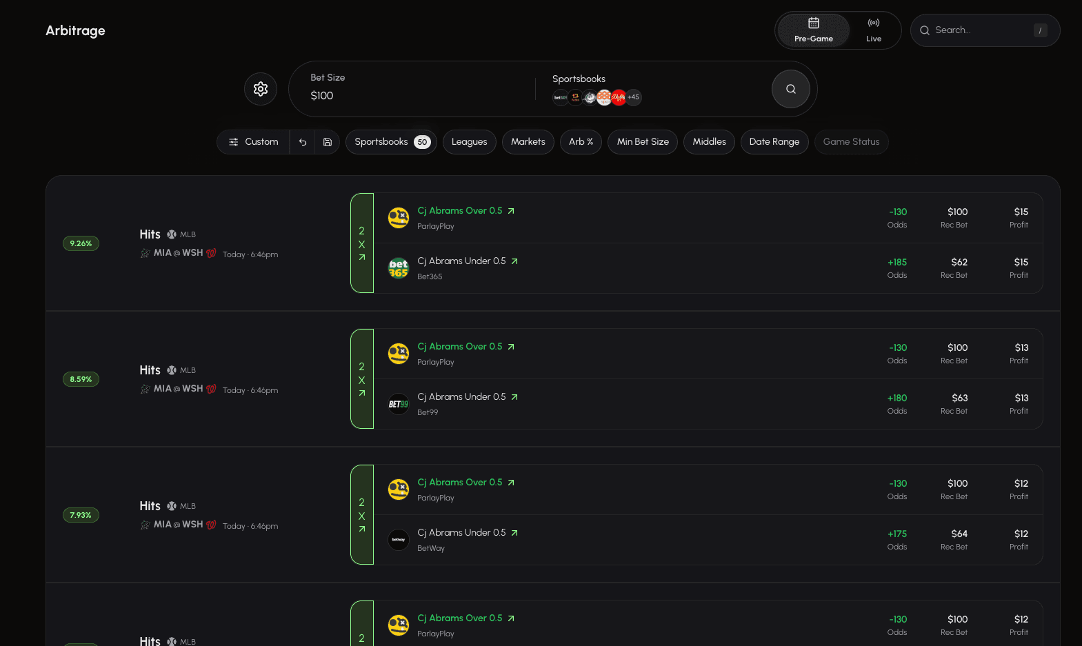 The SmartStake Arbitrage Finder board listing matched bets across sportsbooks