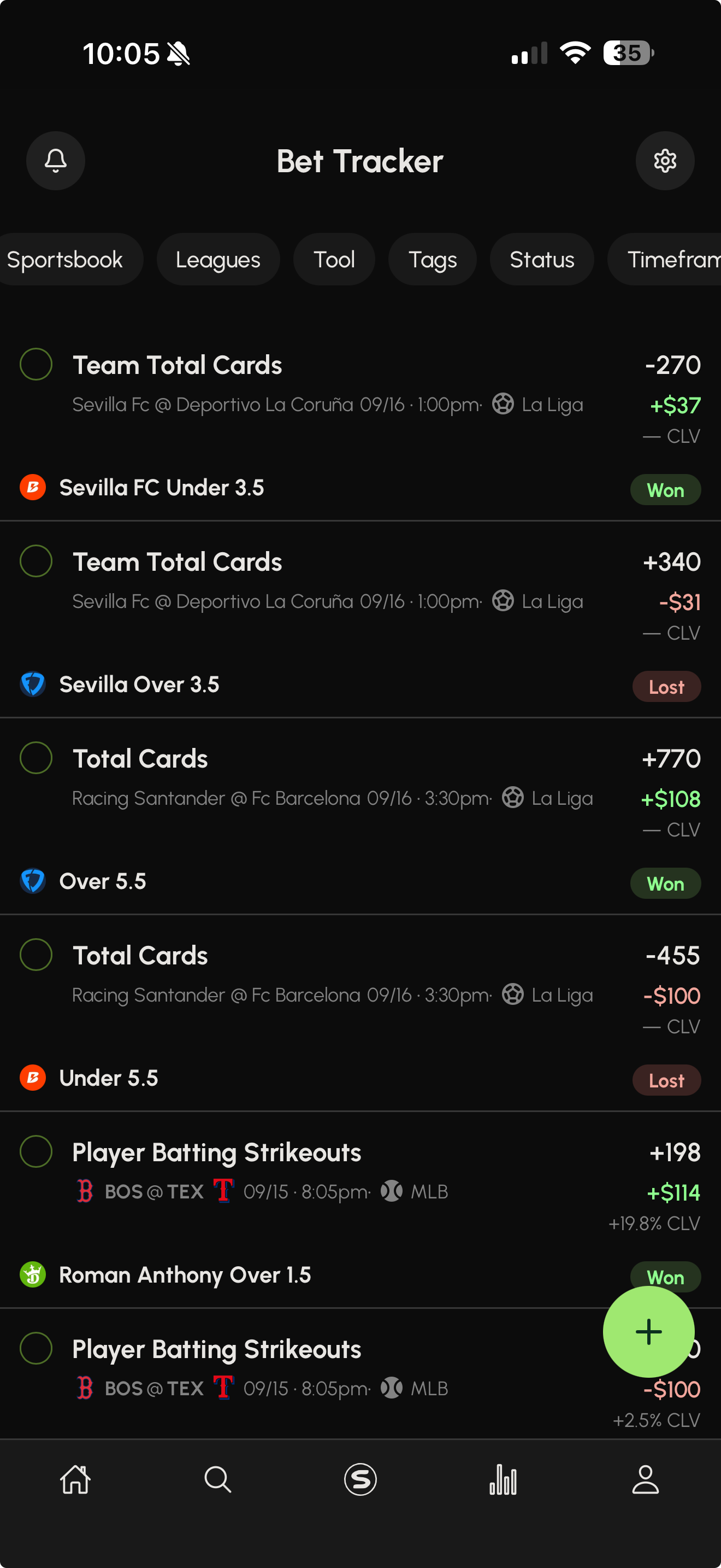 Bet Tracker with sportsbook, league, tool and tag filters, settled bets and closing line value